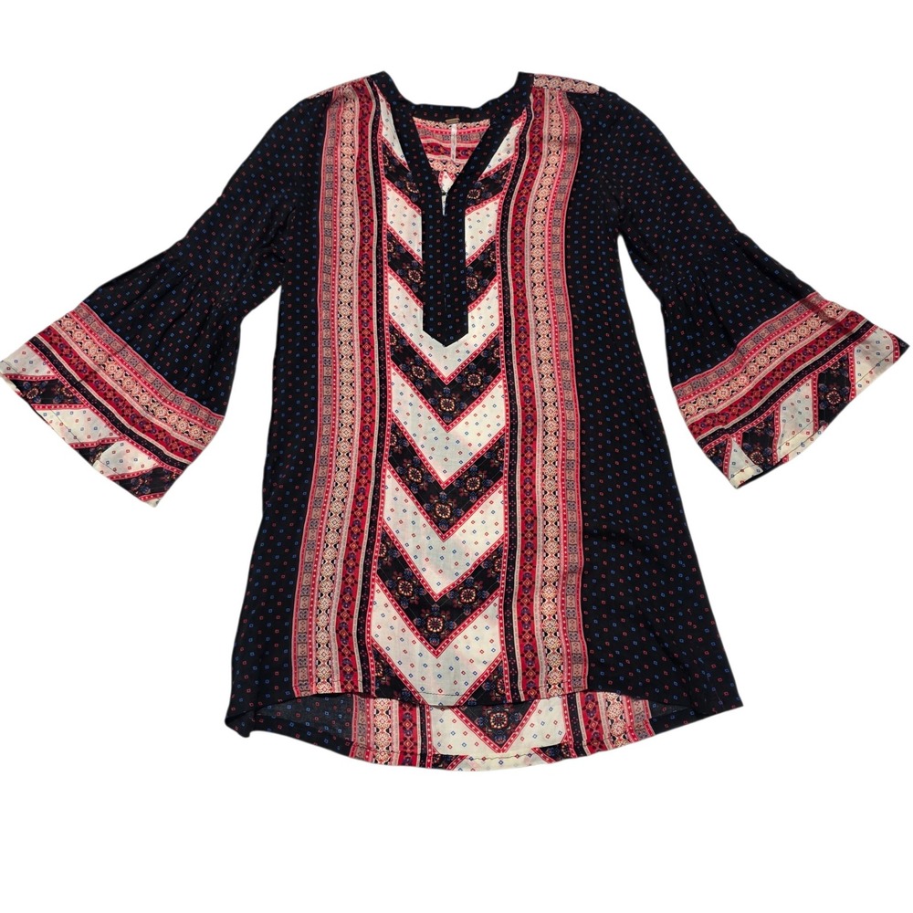 Free People Tunic Top Women XS Navy Red Boho Geometric Bell Sleeve Mini V-Neck